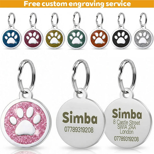 Free Personalized Dog Cat Plate Tags Engraved Puppy Pet ID Name Collar Tag Alloy Paw Glitter Pendant Pets Dogs Accessories